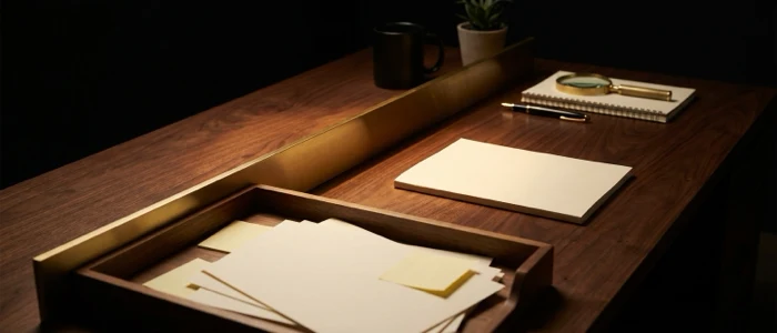 A raised brass bar standing across a desk between a tray of loose working papers and a single finished document waiting on the far side.