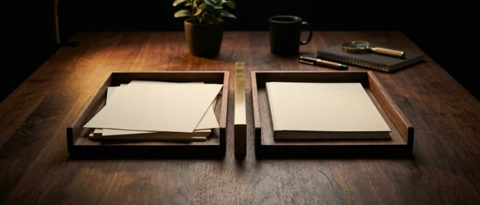 Two wooden trays with a raised brass bar standing between them, one tray holding loose pages and the other holding a finished bound document.