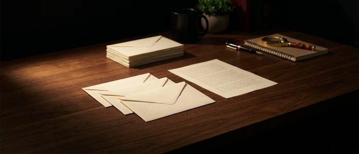 A stack of sealed envelopes beside a short printed list, with most of the envelopes pushed into shadow and three sitting in the light.