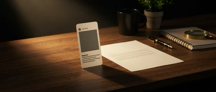 A phone-shaped rendering of a social post propped upright beside a printed sheet of plain body copy, the rendering sharply lit and the sheet flat.