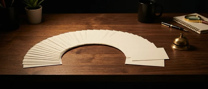 A slide deck fanned out across the desk with three slides lifted from the middle of it and set into a new short stack, a small brass bell beside them.