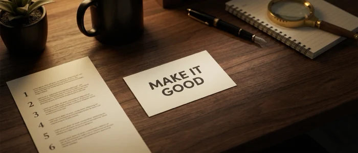 A printed card reading MAKE IT GOOD lying face up, with a numbered list of steps printed on a longer sheet beside it.