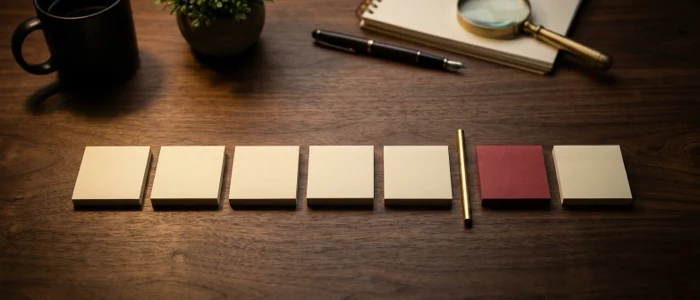 Seven blank blocks in a row across the desk, with a brass bar standing upright between the fifth and the sixth, and the sixth block coloured deep red.